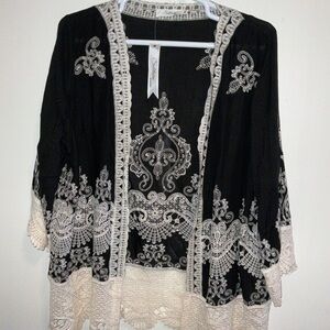 ANTHROPOLOGIE SOLITAIRE BLACK EMBROIDERED CREAM LACE OPEN FRONT LONG TOP 2X NWT
